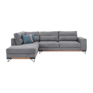 Corner sofa New Monaco, left side, in grey color with petrol and pink cushions, size 300*230*95cm