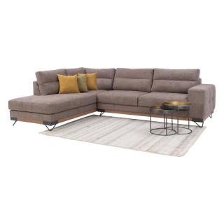 Corner sofa New Monaco, left side, in brown color with mustard yellow and green cushions, size 300*230*95cm