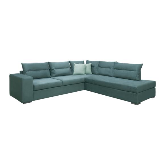 Right side corner sofa Fylliana Le Mans in petrol color with mint cushions, size 278*257cm