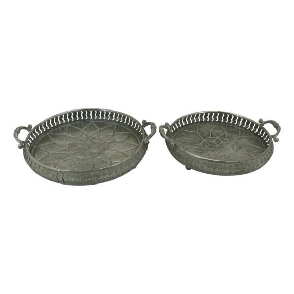 Set of 2 metal round tray Fylliana in silver antique color ,size 44,5x38,5x9 + 39x33,5x9cm
