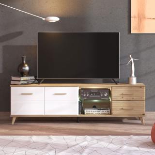 TV Shelf Fylliana Ascona in white-artisan oak-white high gloss color ,size 179x40x52cm
