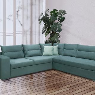 Right side corner sofa Fylliana Le Mans in petrol color with mint cushions, size 278*257cm