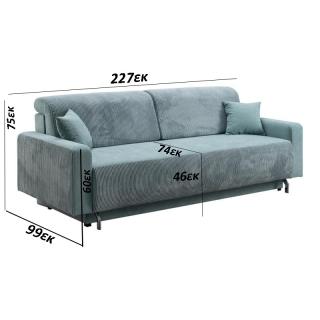 Sofa bed Albak in light green color fabric, size 227*99*75