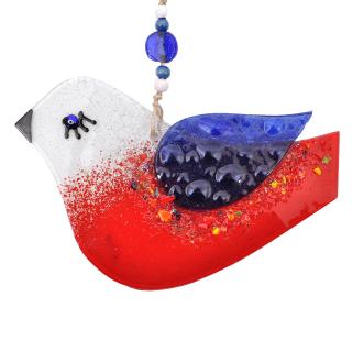 Fused glass Fylliana Bird in red-white color, size 16cm