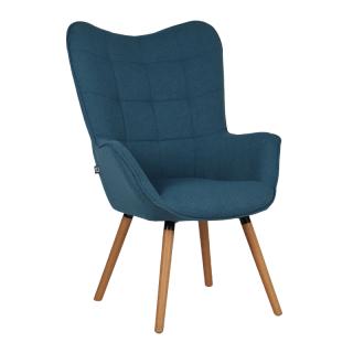 Armchair Fylliana Erato with blue fabric and wooden legs in its natural color, size 68*73*108cm