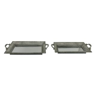 Set of 2 metal tray with mirror Fylliana in silver antique color ,size 55,5x30x8,5 + 50,5x24,5x8,5cm