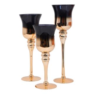 Set Fylliana of three glass candleholders in black-gold color, size 30+35+40cm