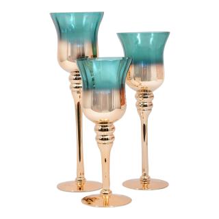 Set Fylliana of three glass candleholders in blue-gold color, size 30+35+40cm